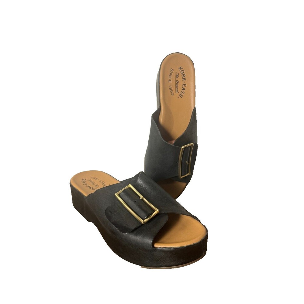 Kork-Ease Leather Platform Wedge Sandals Black Gold Buckle Women’s 8M